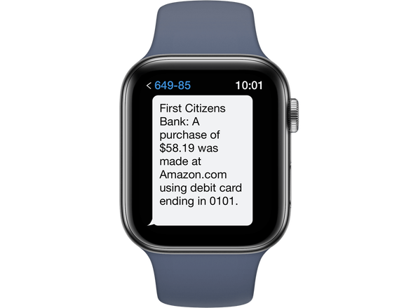 Smartwatch displaying First Citizens card activity alert