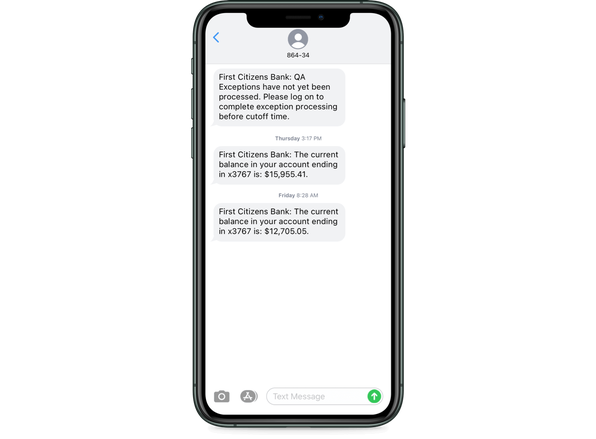 mobile phone screen showing a sample text from First Citizens updating a user on their account balance
