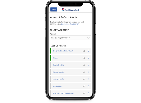 mobile phone displaying First Citizens Account and Card Alerts selection options