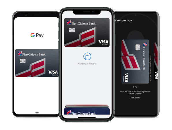 three mobile devices side by side displaying the First Citizens Business Visa card digitally on Google Pay, Apple Pay and Samsung Pay apps
