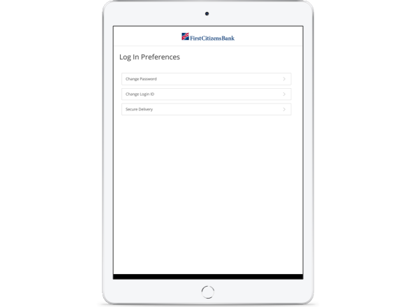 Tablet screen showing digital banking login preferences