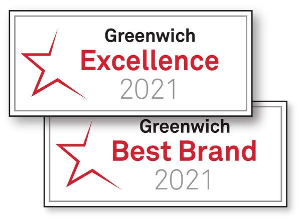 Greenwich Excellence and Best Brand 2021 award badges