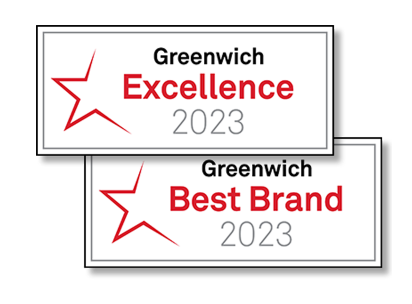 Greenwich Excellene 2023 and Greenwich Best Brand 2023 award badges
