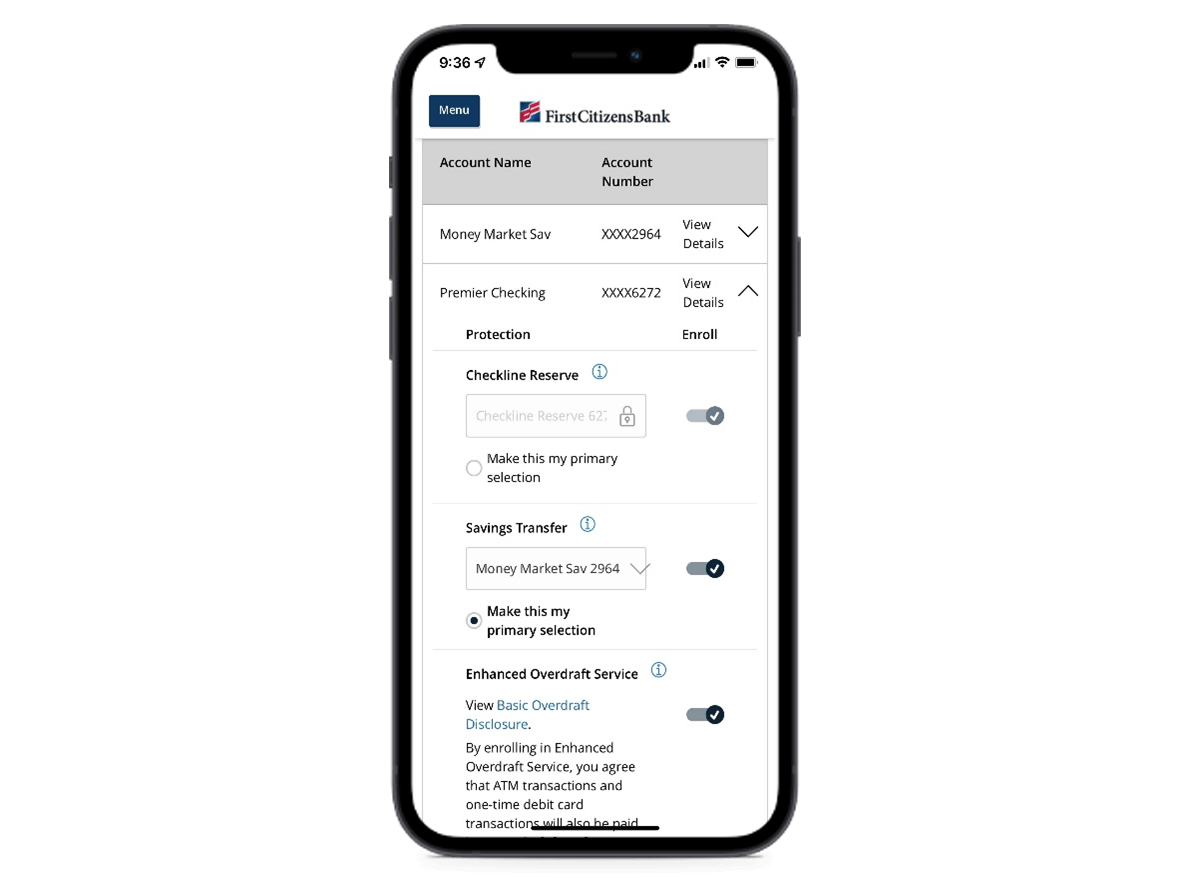 mobile phone screen showing enhanced overdraft service protection features and options