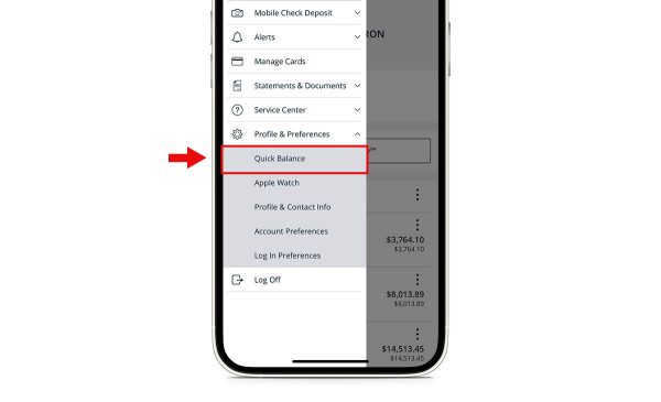 Mobile screenshot of Digital Banking navigation menu with Quick Balance highlighted