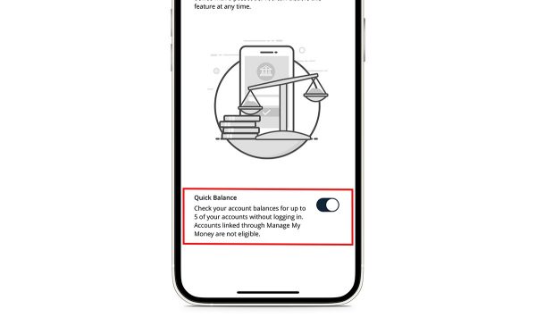 Mobile screenshot of Quick Balance toggle in Digital Banking