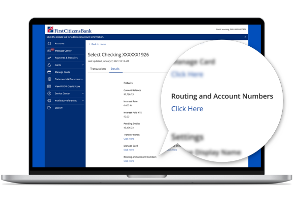 First Citizens Digital Banking dashboard displaying where routing and account numbers can be accessed by pressing the Click Here link under the Routing and Account Numbers section, within the Details tab